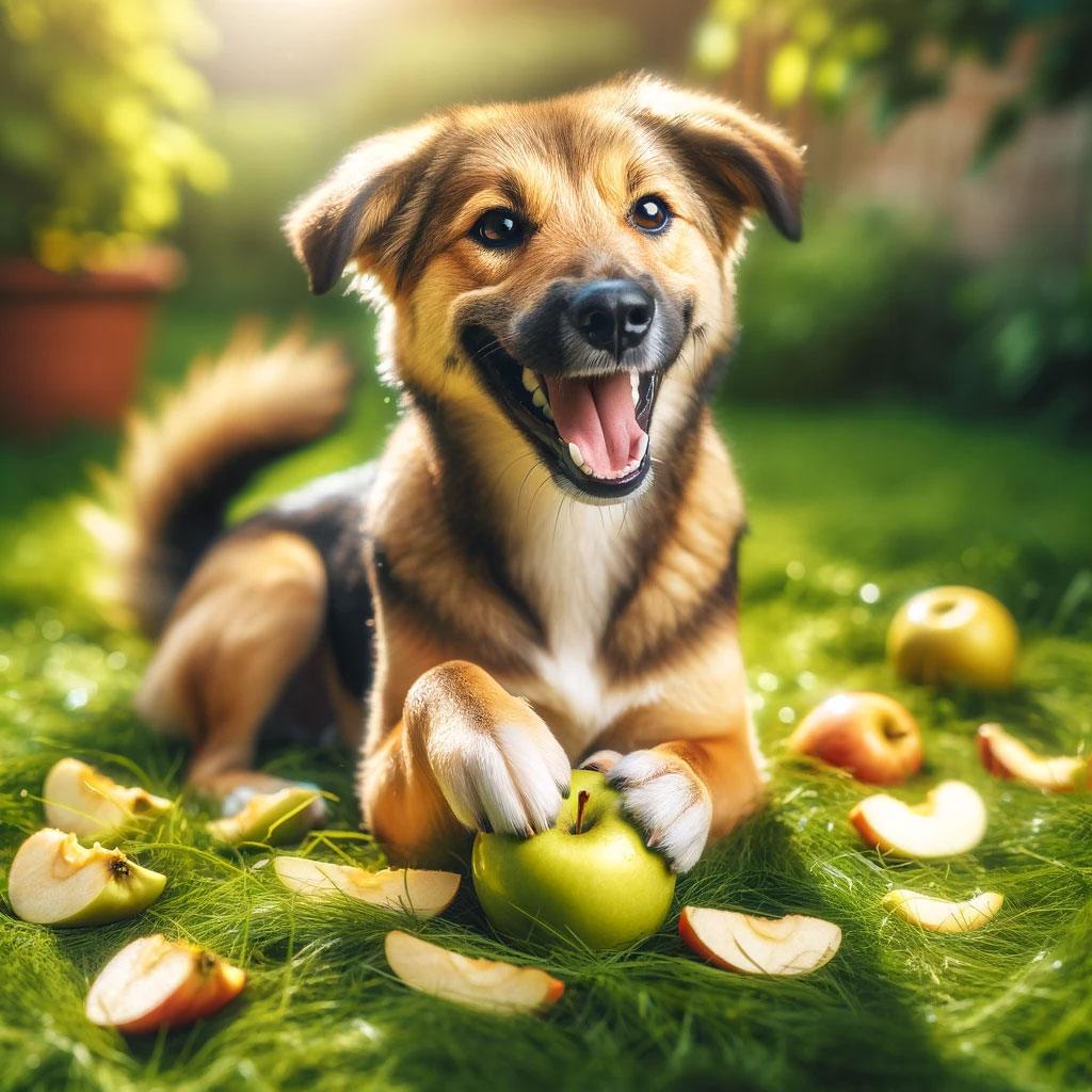 Dog enjoying a fresh apple treat outdoors