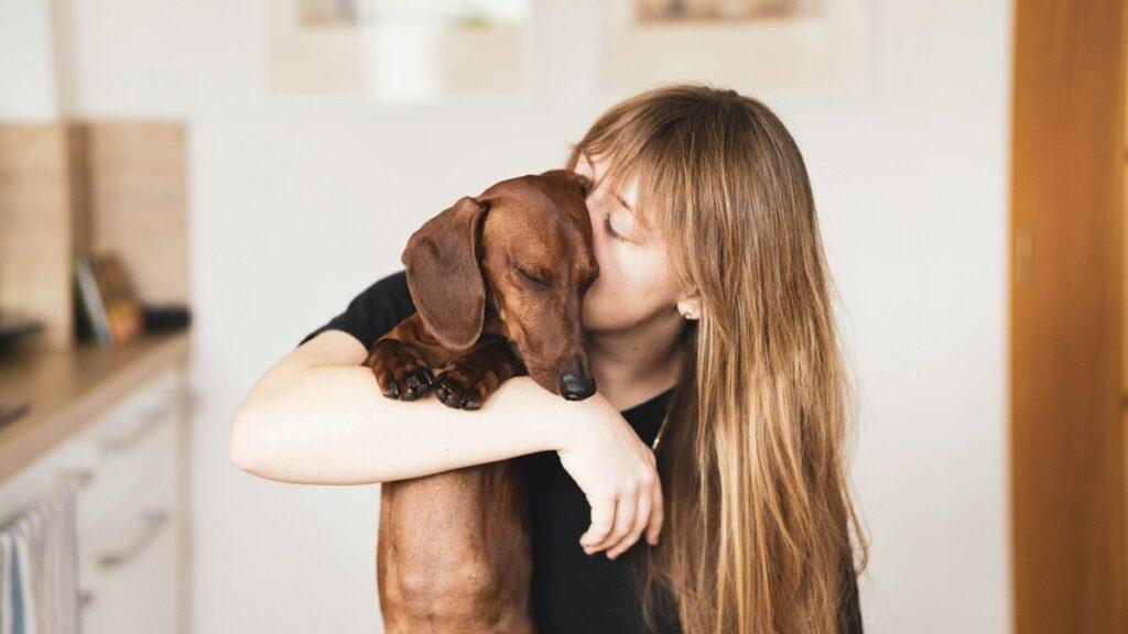 Young woman hugging her Dachshund – dog owner personality quiz illustration