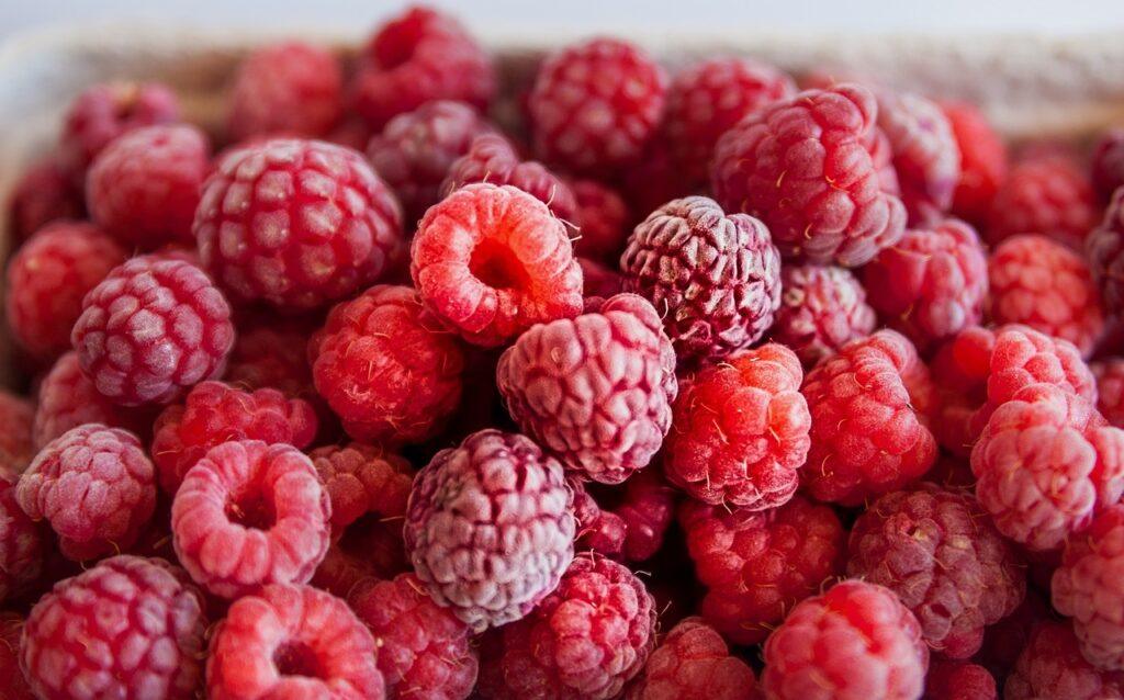 Frozen raspberries pile showing potential treats for dogs